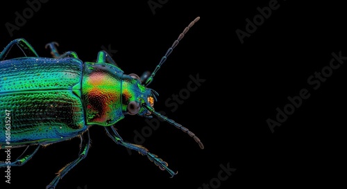 Iridescent beetle with green and blue carapace on a black background