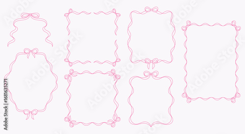 Whimsical Pink Hand Drawn Border, Wavy Outline Coquette Frame with Bow, Vintage Shape Lace for Decoration, Set of Retro Pink Doodle Banner illustration