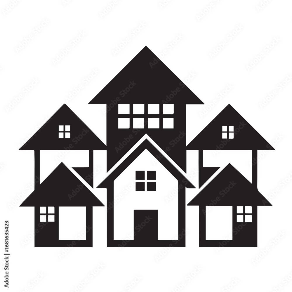 Fototapeta premium A collection of black house icons with varying rooflines and window designs, representing residential buildings and real estate concepts