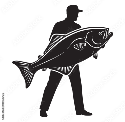 Silhouette of a fisherman carrying a giant fish after successful fishing trip