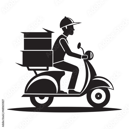 A delivery person riding a scooter with packages, representing fast and efficient delivery services, isolated on a white background