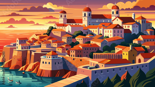 Dubrovnik Old City, Croatia, enclosed by stone walls, shows red-tiled roofs overlooking the Adriatic. Sunset glow enhances textures; semi-realistic flat vector highlighting coastal brilliance and fort