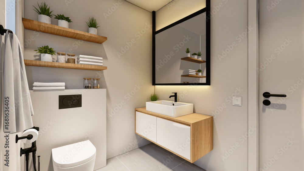 Fototapeta premium Compact stylish bathroom, floating shelves, hidden lighting, ceramic sink, mirror with black frame, cozy yet modern look