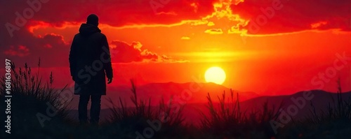 Intriguing silhouette of a shadowy figure against a vibrant, fiery sunset, hinting at hidden secrets and untold stories Perfect for mystery, thriller, suspense, and intrigue themes , sunset, mystery
