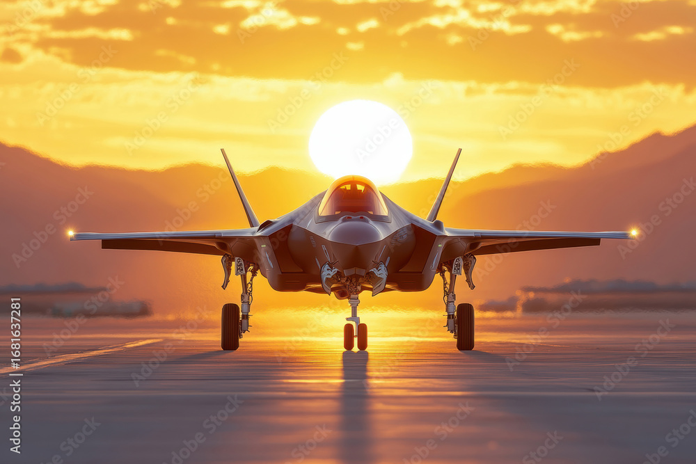Fototapeta premium Fighter jet on runway at sunset with dramatic sky