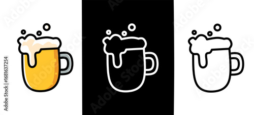 A beer mug icon with three design variations in colored, black, and outline styles representing alcohol, beverage, pub culture, party celebration, and drink illustration.