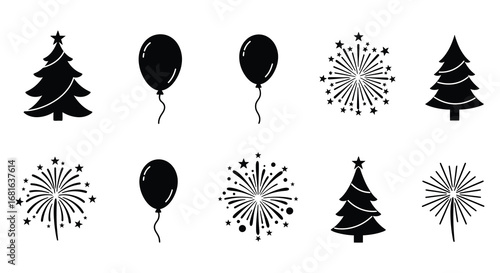 celebratory scene with trees balloons fireworks and festive elements