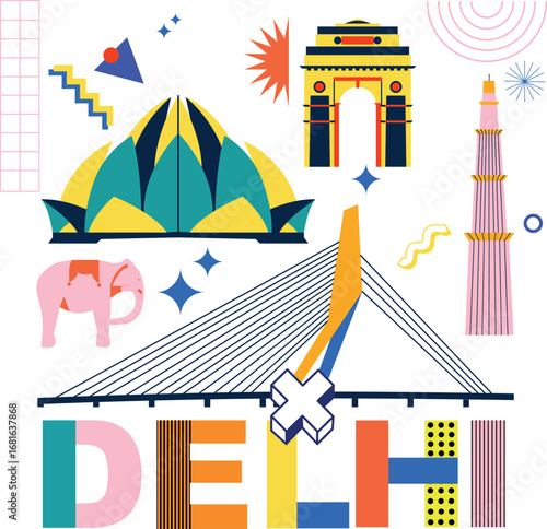 Delhi culture travel set, famous architectures and specialties flat design. Memphis business travel and tourism concept clipart. Image for presentation, banner, website, advert, flyer, roadmap, icons