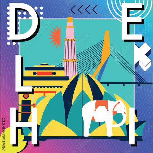 Delhi culture travel set, famous architectures and specialties flat design. Memphis business travel and tourism concept clipart. Image for presentation, banner, website, advert, flyer, roadmap, icons