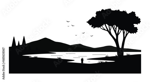 a serene lakeside scene with trees mountains and flying birds