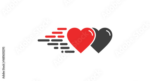 a red heart chasing a black heart with speed lines