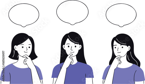 Three women thinking with thought bubbles above their heads