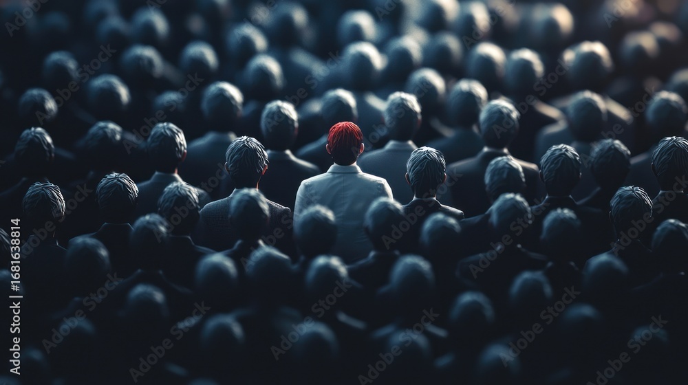 Obraz premium A lone red clown stands out from a crowd of black figures, with a white background and dramatic lighting, creating a striking contrast.