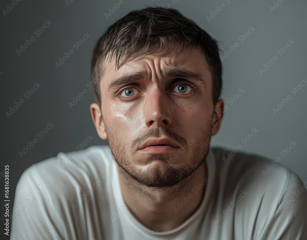 Young man with distressed expression looking up in a dimly lit room Young man with distressed expression looking up in a dimly lit room
