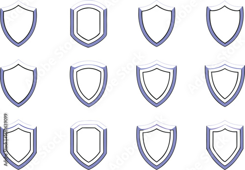 Collection of twelve stylized shields with blue and white accents
