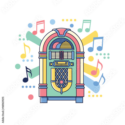 A stylish illustration of a classic jukebox using modern flat design, with abstract geometric shapes and colorful musical elements