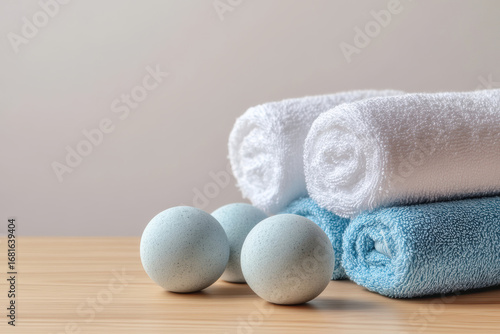 Soft towels and decorative spa balls arranged on wooden surface for relaxation