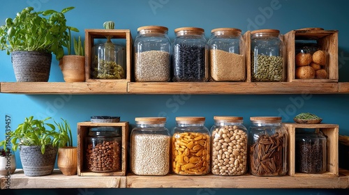Wooden shelves with glass jars filled with food