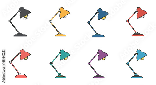 colorful desk lamps arranged neatly in rows