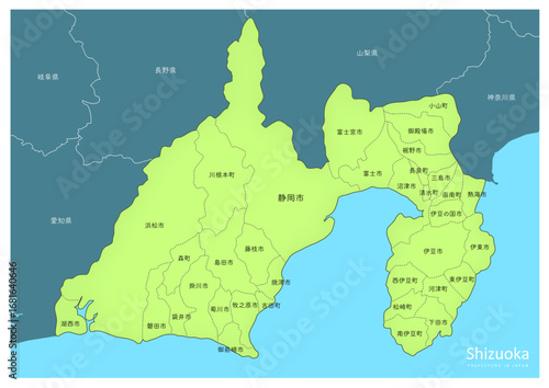 きれいな海と静岡県の地図。日本の東海地方の地図より。（市町村の名前）A map of Shizuoka Prefecture with a beautiful ocean. From a map of the Tokai region of Japan. (Names of cities, towns, and villages)