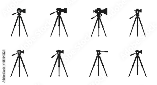 a grid of cameras mounted on tripods for photography