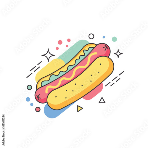Creative fast food concept with a hot dog illustration in a flat design, surrounded by vibrant geometric elements and lines