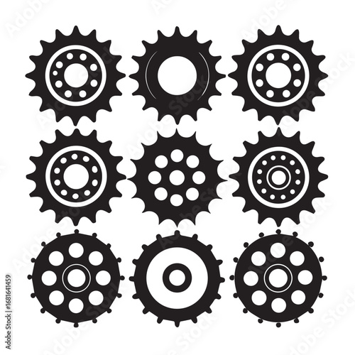 Nine black gear and sprocket shapes, isolated on white background