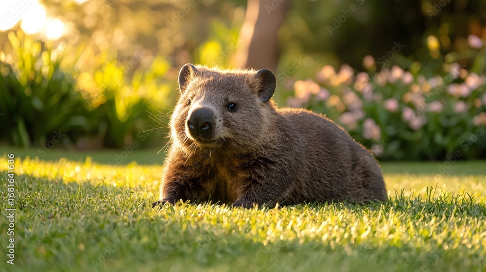 Fototapeta premium A wombat rolls on the grass, bathed in soft sunlight