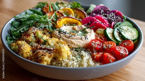 A colorful and nourishing bowl showcasing hummus, fluffy quinoa, roasted seasonal vegetables, cherry tomatoes, crisp cucumbers, and a mix of leafy greens, ideal for a health-conscious meal.