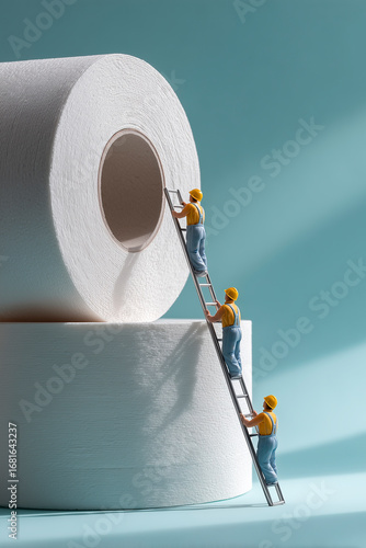 Three miniature workers climb ladders beside a giant toilet paper roll, building up a stacked scene.