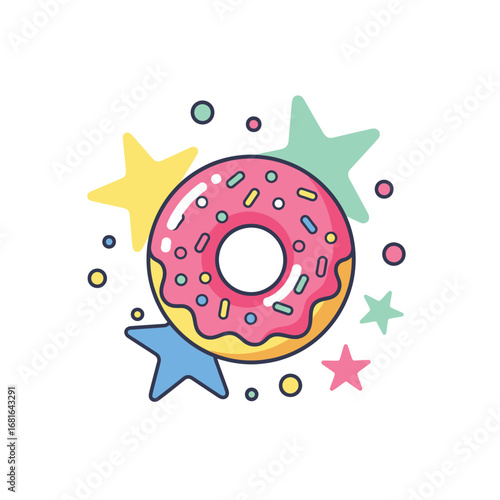 Flat Geometric Donut with Sprinkles and Starry Elements