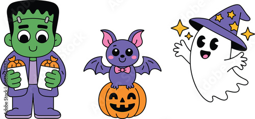 Cute Frankenstein with candy, bat on pumpkin, ghost in witch hat, Halloween sticker set, kawaii cartoon characters, festive clipart
