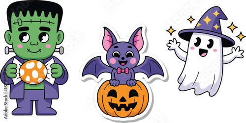 Cute Frankenstein with candy, bat on pumpkin, ghost in witch hat, Halloween sticker set, kawaii cartoon characters, festive clipart