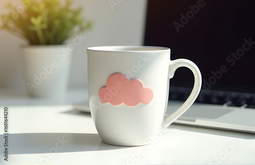 Wallpaper Mural delicate pink fluffy cloud design white ceramic mug perched sleek white desk partially reflected laptop screen Torontodigital.ca