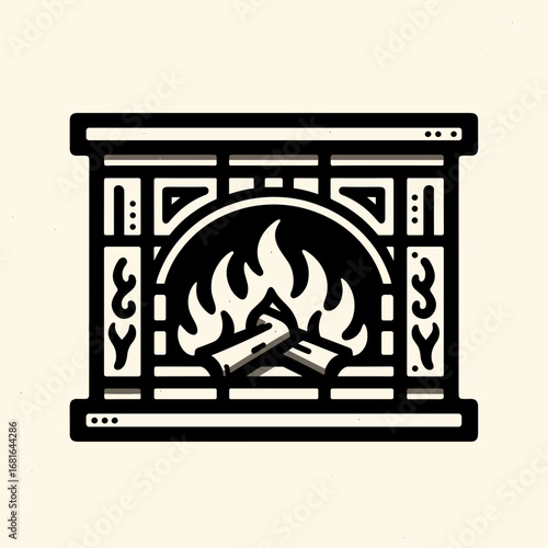 Stylized fireplace illustration, cozy atmosphere on light background