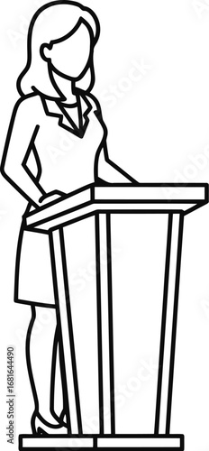 Businesswoman stands at a podium delivering a speech in a simple outline drawing representing public speaking and professional presentations. vector