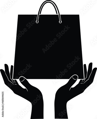 Two silhouetted hands gently holding up a black shopping bag showing care and support vector