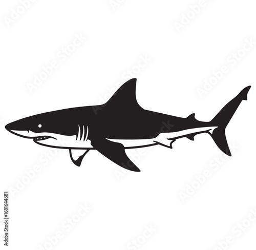 Silhouette of a powerful shark depicted in bold black and white for design purposes