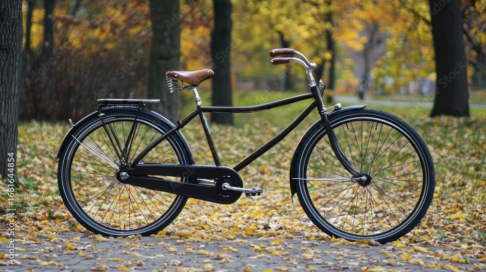 Fototapeta premium A vintage bicycle with a black frame and leather saddle, parked in a park with autumn leaves on the ground.
