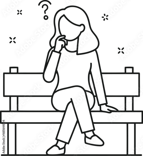 Woman sitting on a park bench thoughtfully contemplating with question marks floating above her head. vector