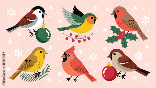 Six Cute Winter Birds Whimsical Illustration