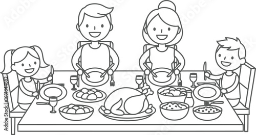 Happy cartoon family enjoying a delicious thanksgiving dinner together around a decorated table vector