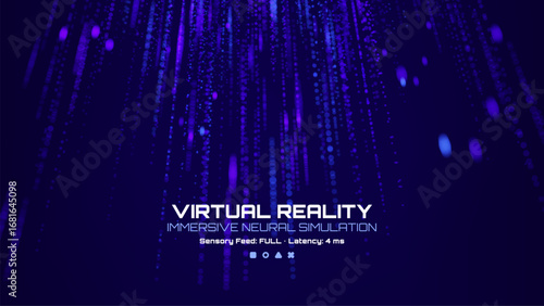 Virtual reality immersive neural simulation on dark blue background with digital data rainfall. Technology metaverse cyber world.