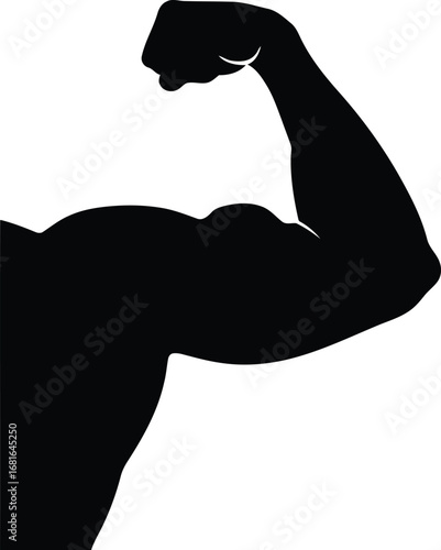 Silhouette of a muscular flexing arm showing bicep strength and fitness achievement vector