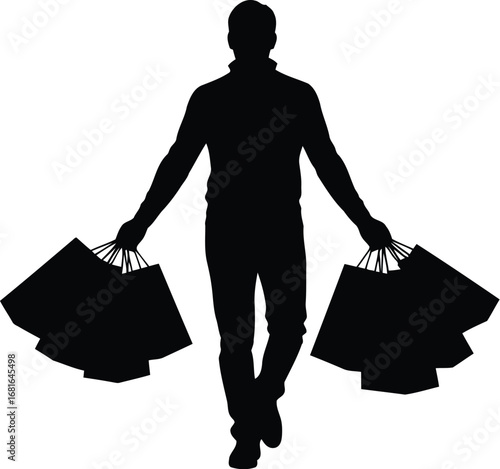Silhouette of a person walking with multiple shopping bags in each hand vector
