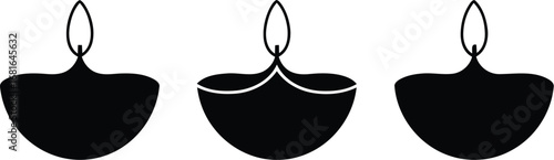 Three black silhouettes of oil lamps with wicks and flames against a vector