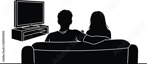 Couple silhouettes relaxing on sofa watching television screen indoors evening leisure activity vector