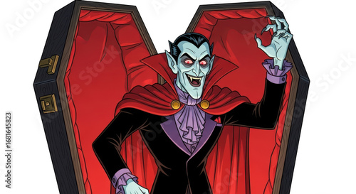 Spooky cartoon vampire rises from his coffin with a menacing grin