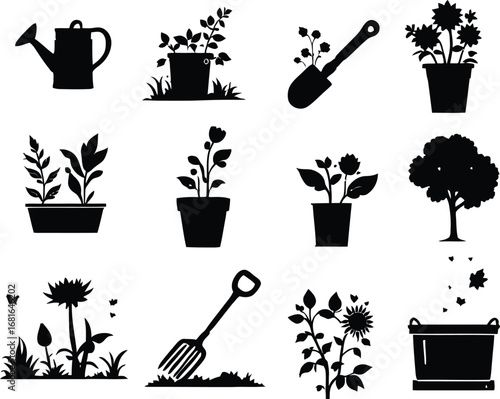 Vector illustration of gardening tools and plants for garden design and landscaping projects needs