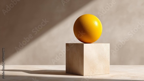 Yellow sphere on beige cube still life